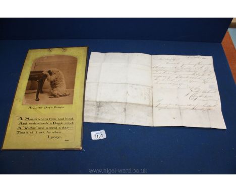 An early hand written Invoice dated 1800 and a wall Plaque ''A Little Dog's Prayer''