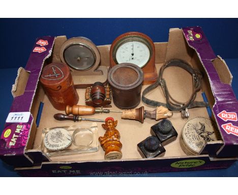 A quantity of miscellanea including barometer, thermometer, bottle stopper, leather canister, button hook, bradawl, etc.