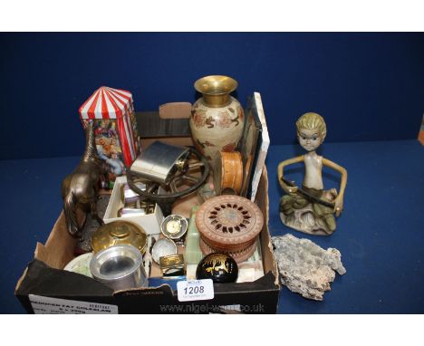 A quantity of miscellanea including a figure of a boy, an Indian carved trinket pot, mother of pearl binoculars a/f  etc.