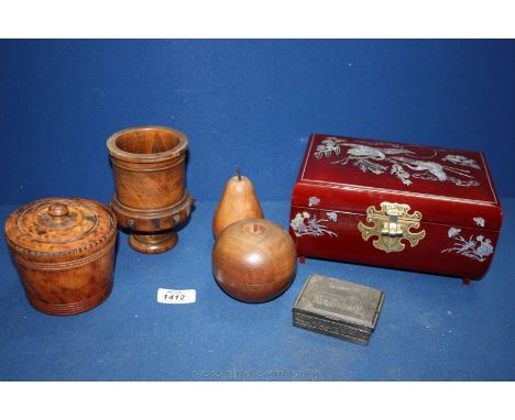 A quantity of Treen including lidded pot, pear, apple etc, oriental style musical jewellery box and a white metal trinket box