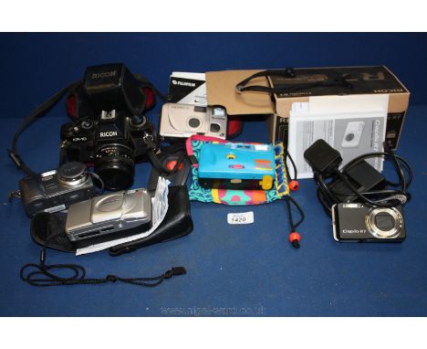 A box of miscellaneous cameras  including a Ricoh Caplio R7 8.2 mega pixel with charger, a Kodak easy share DX4530 Olympus 'C