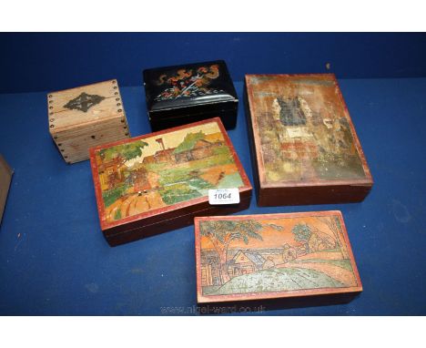 Three carved and hand painted Trinket Boxes decorated with Dutch scenes, plus a lacquered Box and money box.