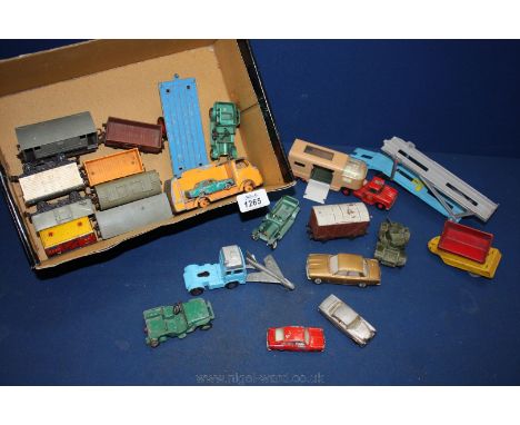 A box of Toys including Hornby wagons, Corgi Rover 2000, Matchbox horse van, etc.