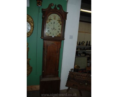 A Georgian Oak and Yew wood country Longcase Clock, having swan neck pediment with central finial, single pane arched top doo