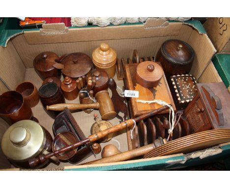 A quantity of Treen including lidded pots, letter rack, tea caddy, etc.
