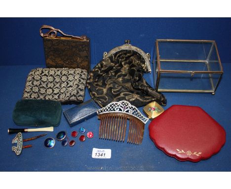 A glass Casket, 1950's compact in the form of a handbag including lipstick, etc, bead work bag, etc.