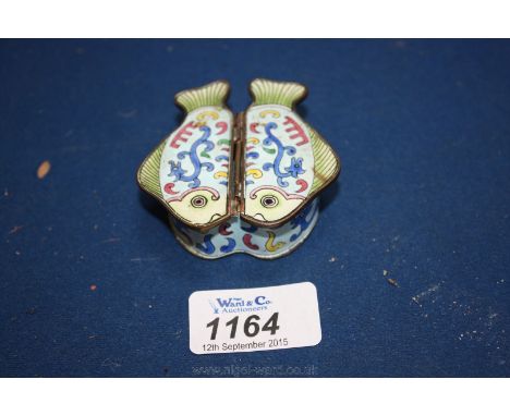An unusual enamel vintage double sided Trinket Box in shape of two fishes.