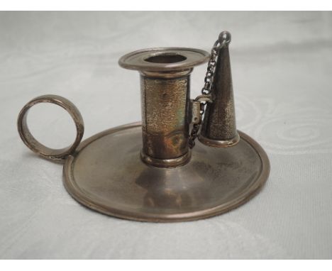 A Georgian silver chamber stick of small plain form having ring handle, detachable sconce and snuffer with chain attachment, 