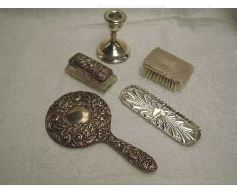 A selection of HM silver including clothes brush, hand mirror, trinket dish and tray and small candle stick (some AF)