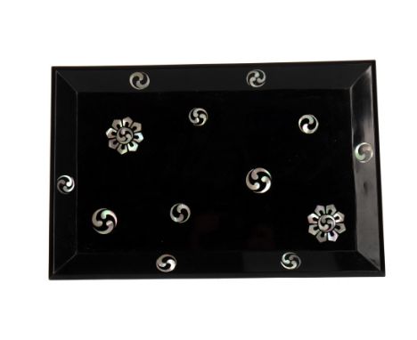 CHINESE LACQUERED SUPPER TRAY, with mother of pearl inlay, 36.3cm x 23.5cm, in original box
