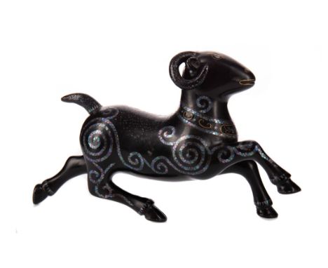 PERSIAN LACQUERED MODEL OF A RAM, inlaid with gold wire and mother of pearl, 16cm long