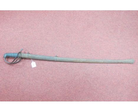 An 1822 Pattern Royal Artillery Officers Sword, three bar hilt, etched blade, with original scabbard, tarnishing to blade, ru