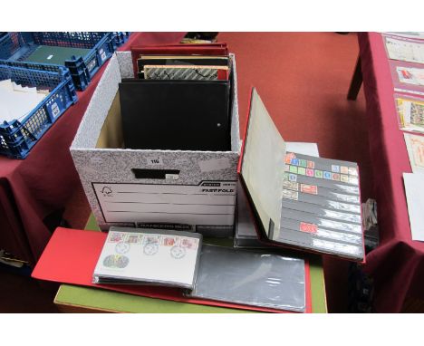 A Box Containing Ten Stamp Albums, including 'The Commonwealth Collection of FDC's, other FDC's, loose World and UK stamps.