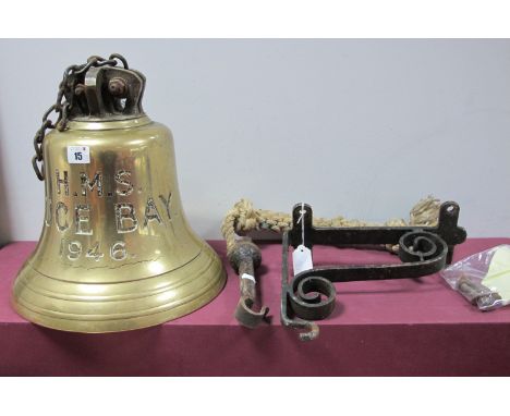 A Large Mid XX Century Royal Navy Brass Ships Bell, c. 10inches high plus bracket, stamped - 'HMS Luce Bell - 1946 with WD ar