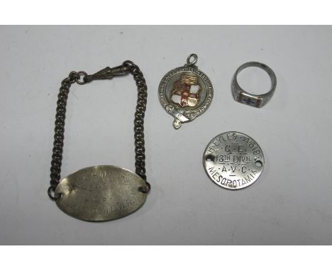 A Metal 'Dog Tag' Style Bracelet, to 'Rfl G.H.Mills - 43491A Coy 1/16 London OWR/an ID Pendant made from a George V Coin, rea