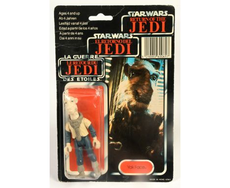 Palitoy Star Wars vintage Tri-Logo Yak Face 3 3/4" figure, Near Mint, within Good (dented) bubble, upon Fair to Good (creasin