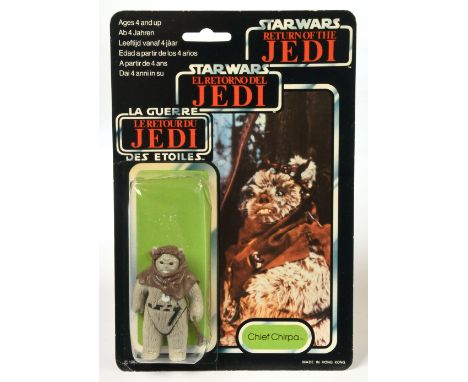 Palitoy Star Wars vintage Return of the Jedi Tri-Logo Chief Chirpa 3 3/4" figure, Mint, within Good (dented) bubble, upon Goo