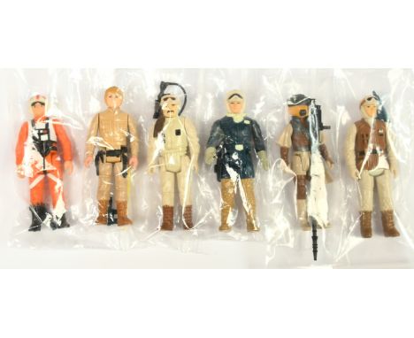 Kenner Star Wars vintage 3 3/4" figures x 6: (1) Leia Boushh; (2) Luke X-Wing Fighter; (3) Han Hoth; (4) Hoth Rebel Commander