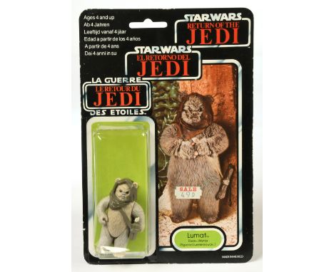 Palitoy Star Wars vintage Return of the Jedi Tri-Logo Lumat 3 3/4" figure, Mint, within Good (dented) bubble, upon Good Plus 