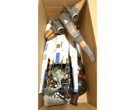 Quantity of Loose Star Wars Collectibles includes Poe's X-wing, First Order TIE Fighter, Rey Action Figure with others. Fair 