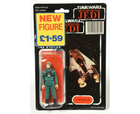 Palitoy Star Wars vintage Return of the Jedi Tri-Logo A-Wing Pilot 3 3/4" figure, Mint, within Good (dented) bubble, upon Goo
