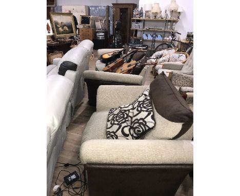 MODERN FAUX BROWN SUEDE AND FAWN FABRIC SOFA AND CHAIR