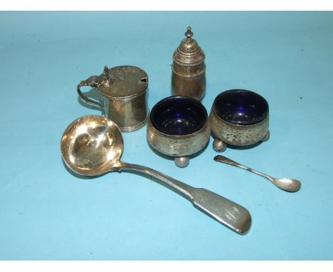 A silver fiddle pattern sauce ladle, London 1806, a pair of Exeter silver salts on ball feet with engraved decoration and blu