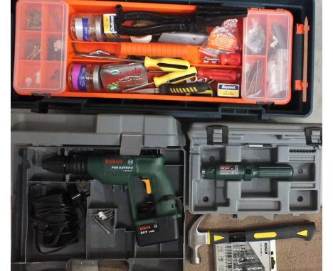 A Bosch PSB 9,6VES-2 battery operated drill, boxed and a collection of hand tools, etc.
