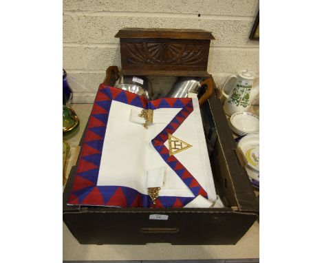 A Royal Arch Chapter companions apron, sash and other masonic regalia in a leather masonic case and other items.