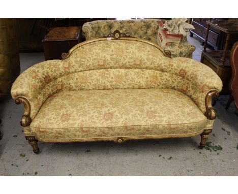 19th Century walnut two seat sofa with line painted decoration and floral damask upholstery, raised on turned tapering front 