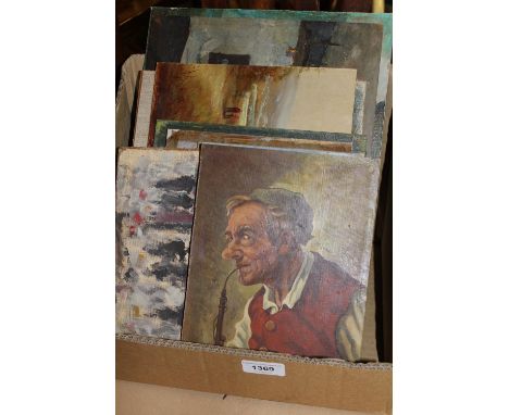 Box containing nine unframed oils, portrait, landscape and other scenes, some signed, largest  14.5ins x 10.5ins 
