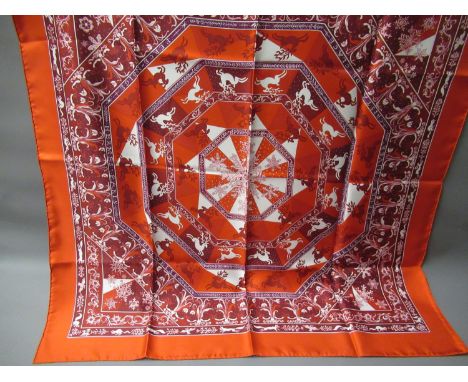 Hermes ' Edelweiss ' ladies red silk Christmas design scarf, 90cms square, in original box 