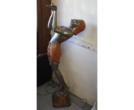 Large 20th Century Art Deco style floor standing lamp of a semi nude girl with silvered and orange finish (lacking shade), 53