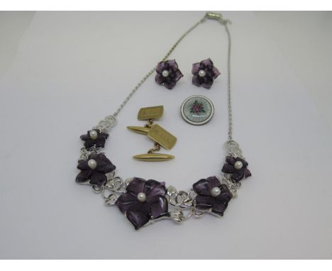Pair of 9ct gold cufflinks, silver and enamel brooch, pair of earrings and a pendant 
