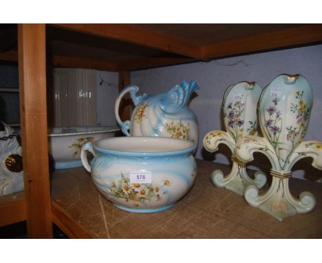 Late 19th / early 20th Century transfer print decorated jug and basin set, pair of vases in the form of flowers etc 