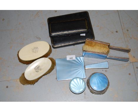 Silver and blue translucent enamel five piece dressing table set including a trinket box, cased set of six silver handled tea