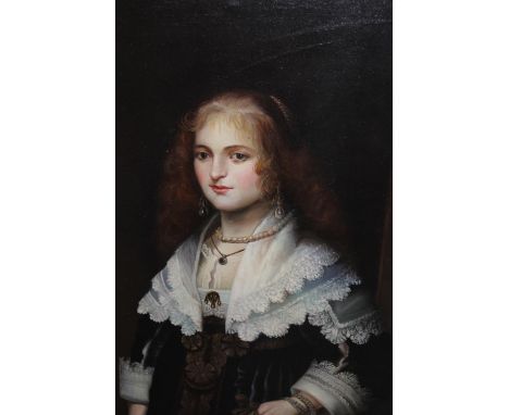 Modern oil on canvas, portrait of a lady wearing 17th Century costume, 24ins x 20ins, gilt framed 