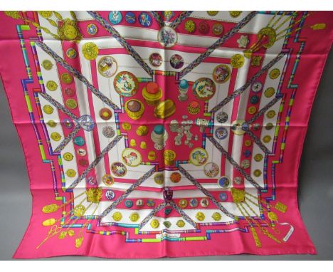 Hermes ' Petite Main ' ladies pink silk scarf, 90cms square, in original box 