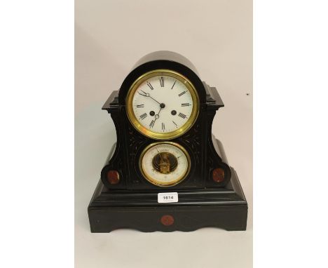 19th Century black slate gilt and marble inset mantel clock having circular enamel dial with Roman numerals and two train mov