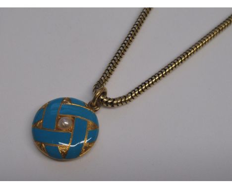 Victorian 15ct gold necklace with circular enamel decorated pearl pendant 