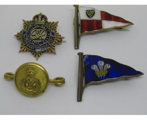 9ct Gold Royal Army Service Corps enamel decorated brooch together with two enamel decorated silver brooches and a small mili