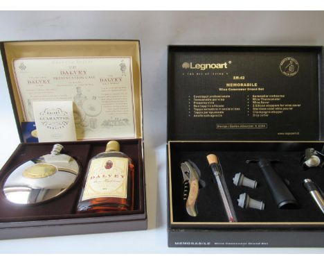 Legnoart boxed wine set to include corkscrew, wine thermometer, wine pourer, stoppers etc together with a boxed  35cl bottle 