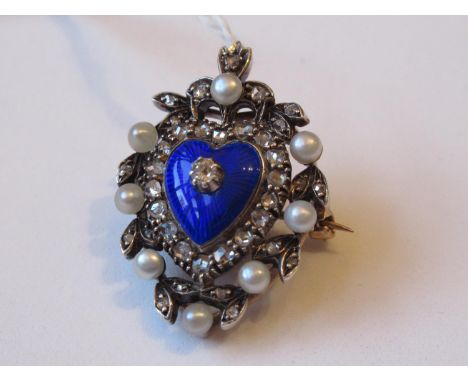 Edwardian heart shaped pendant brooch set rose cut diamonds and pearls with enamel decoration, approximately 30mm x 20mm 