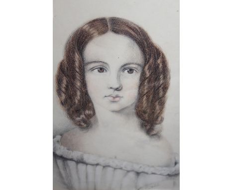 19th Century maplewood framed pastel and charcoal, portrait of a young lady with ringlet hair, indistinctly signed, 11.5ins x