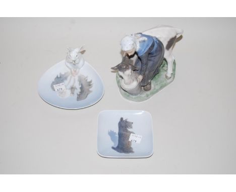 Royal Copenhagen figure of a girl feeding a calf, Nao figure of a girl with dove, trinket dish mounted with a figure of a rab