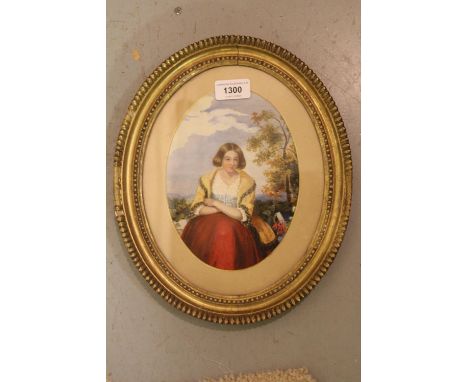 19th Century over painted portrait print of a girl in a landscape, oval gilt framed, 8ins x 6ins 