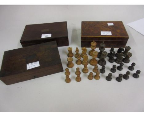 Two 19th Century drawing instrument boxes together with a boxwood chess set 