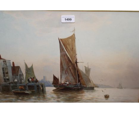 R. Malcolm Lloyd, signed watercolour, barges in a coastal inlet with figures on a quayside, 13ins x 19.5ins 