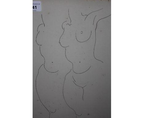 Pen and ink drawing, study of two female figures, signed ' Peake ', 13.5ins x 9.5insSome light foxing but mainly on the glass