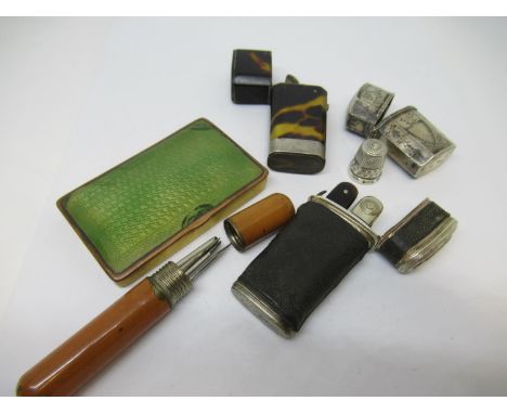 Small 19th Century leather cased necessaire with part fitted interior, together with a tortoiseshell necessaire, an English s